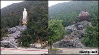 Buddhistische Götterstatue durch riesige Teekanne ersetzt